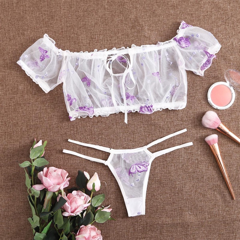 

Butterfly Embroidered Mesh Lingerie Set, White