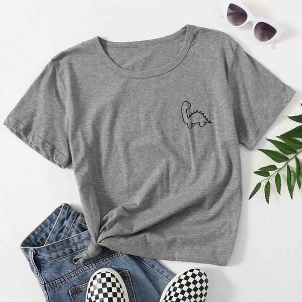 

Cartoon Dinosaur Print Tee, Grey
