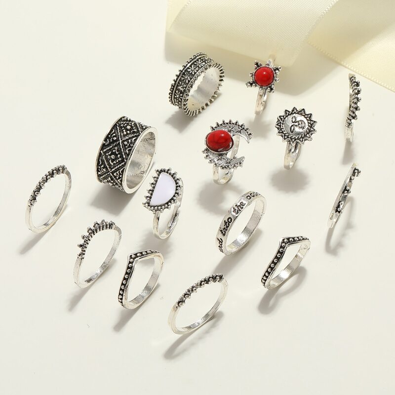 

14pcs Letter & Sun Engraved Ring, Silver
