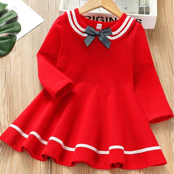 

Toddler Girls Bow Front Peter Pan Collar Dress, Red