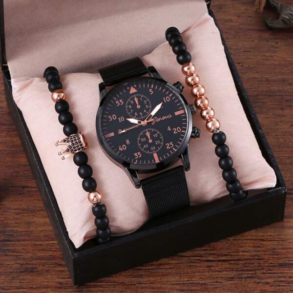 

1pc Men Round Pointer Quartz Watch & 2pcs Bracelet