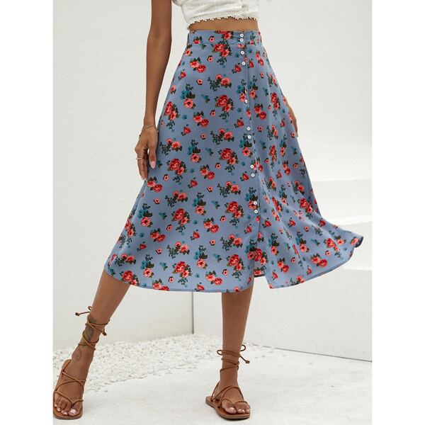 

All Over Floral Print High Waisted Button Front Skirt, Multicolor