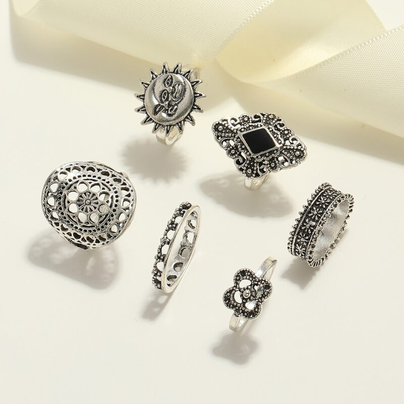

6pcs Sun Engraved Ring, Antique silver