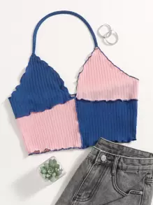 SHEIN EZwear Top halter de color combinado ribete en forma de lechuga - Multicolor - Ver 1