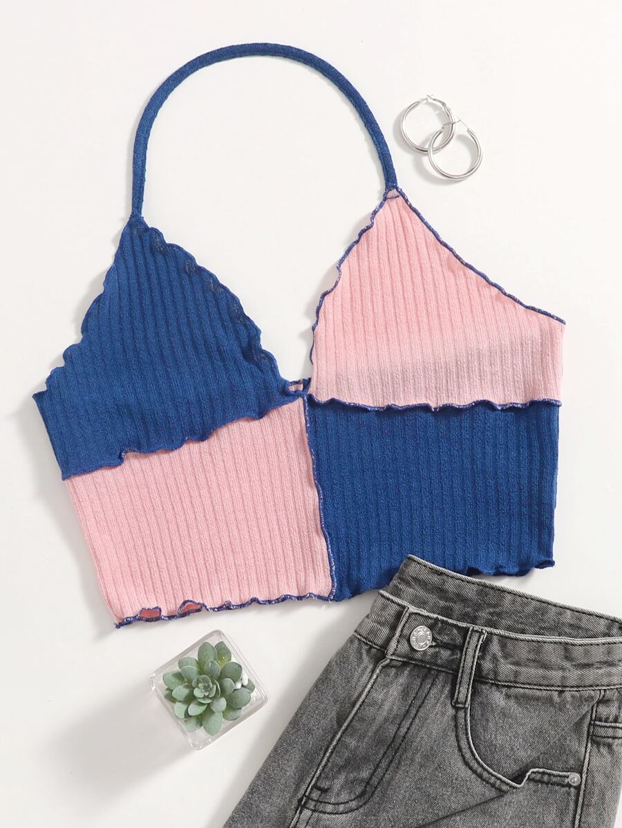 SHEIN EZwear Top halter de color combinado ribete en forma de lechuga - Multicolor - Ver 1