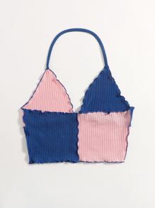 SHEIN EZwear Top halter de color combinado ribete en forma de lechuga - Multicolor - Ver 2