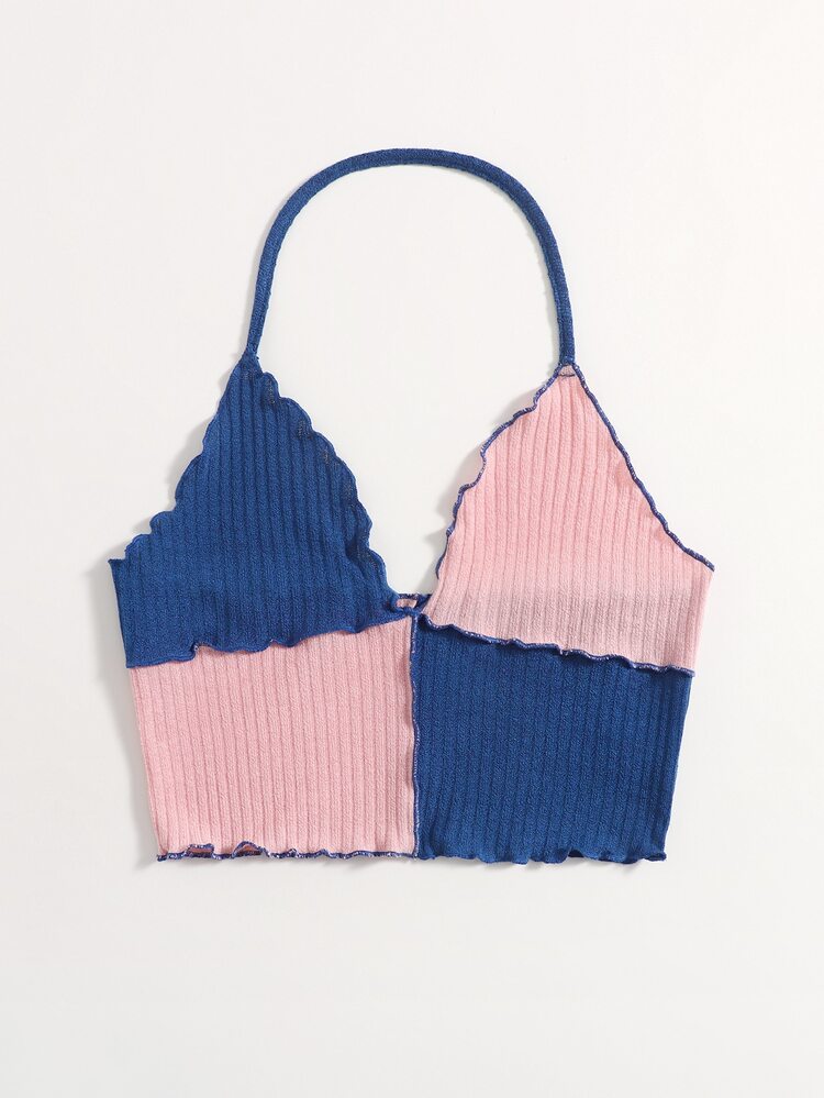 SHEIN EZwear Lettuce Trim Colorblock Halter  Top - Multicolor - View 3