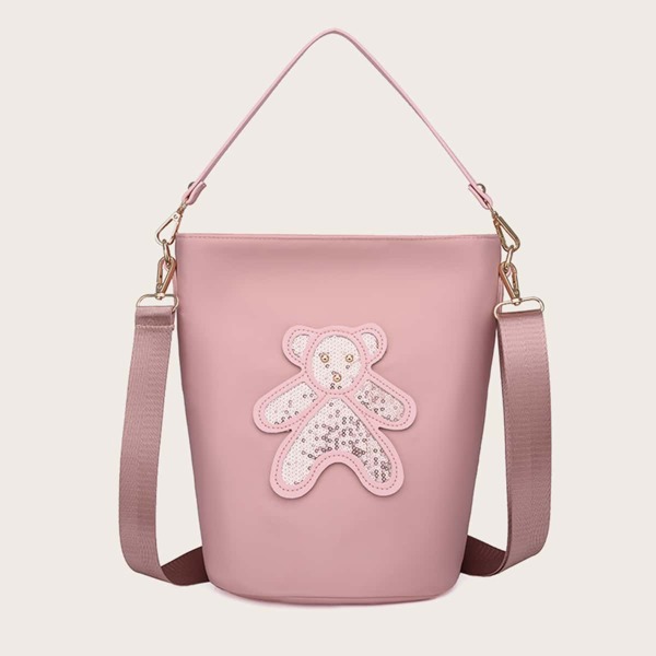

Sequin Decor Cartoon Bear Graphic Bucket Bag, Baby pink