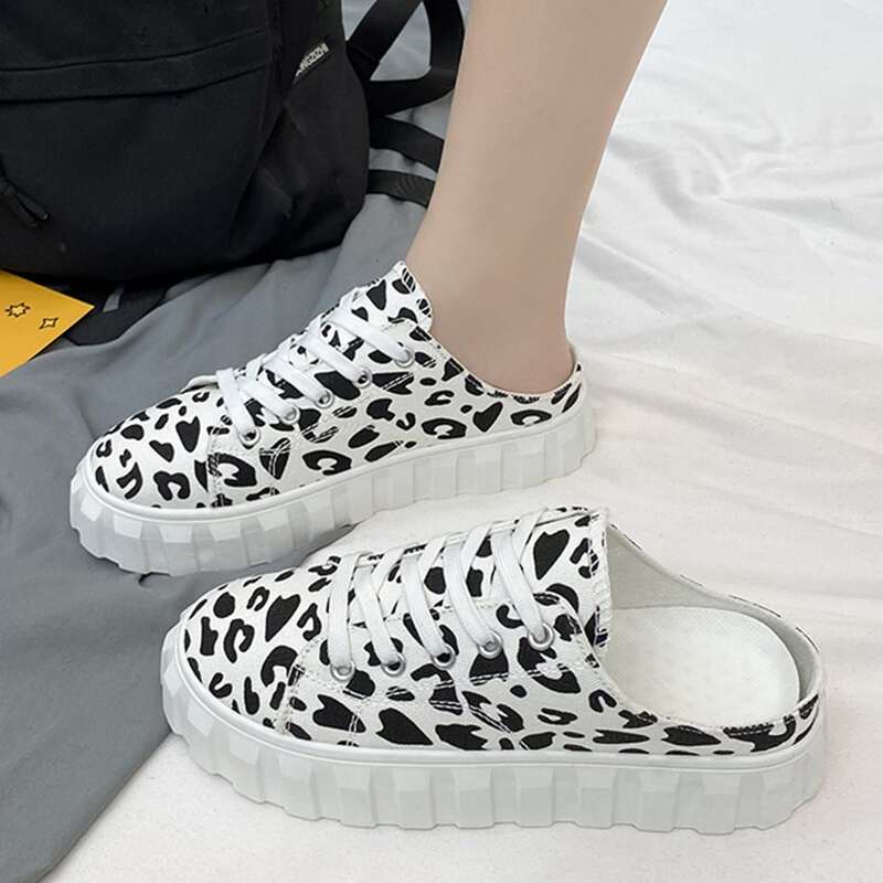 

Leopard Lace-up Canvas Sneakers, Black and white