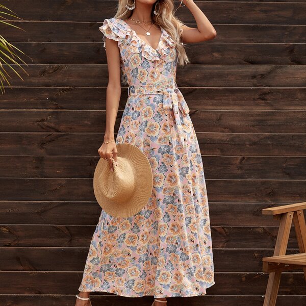 

Floral Tiered Layer Ruffle Belted A-line Dress, Multicolor