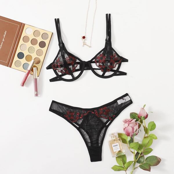 

Embroidered Mesh Underwire Lingerie Set, Multicolor