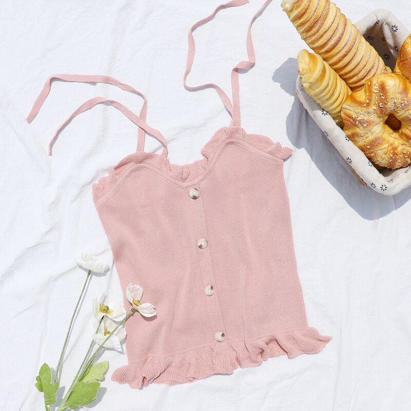 

Button Front Ruffle Trim Bralette, Pink