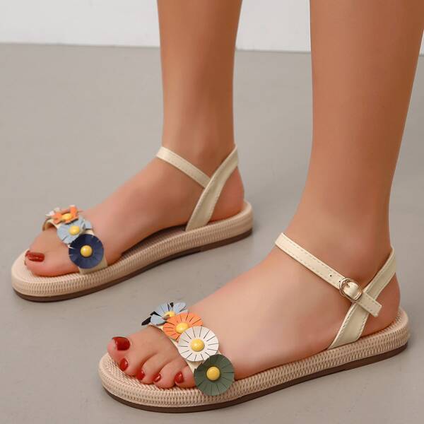 

Floral Decor Ankle Strap Sandals, Beige