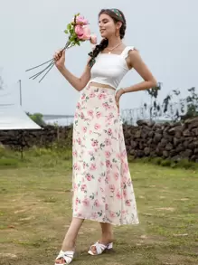 Seusyu Floral Print High Waist Skirt Fall Cloth For Women