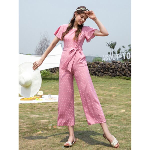 

Confetti Heart Print Butterfly Sleeve Belted Jumpsuit, Baby pink