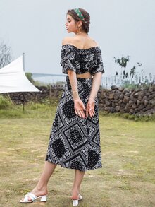 Top mit Patchwork & Paisley Muster und geschichtetem Saum & Rock