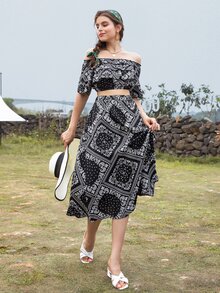 Top mit Patchwork & Paisley Muster und geschichtetem Saum & Rock