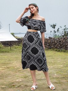 Top mit Patchwork & Paisley Muster und geschichtetem Saum & Rock