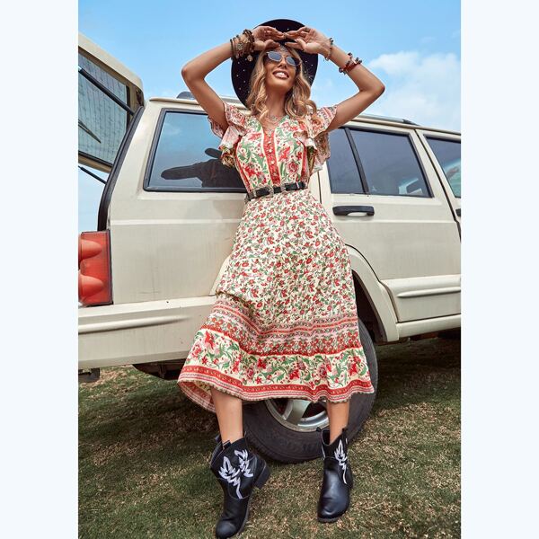 

Allover Floral Print Butterfly Sleeve Dress, Multicolor