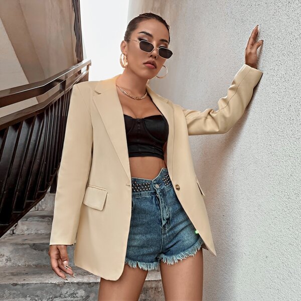 

Lapel Neck Single Button Blazer, Apricot