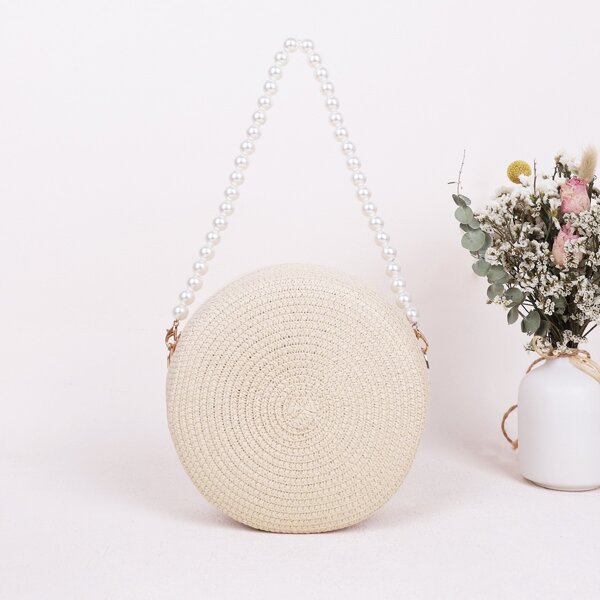 

Faux Pearl Decor Straw Bag, Beige