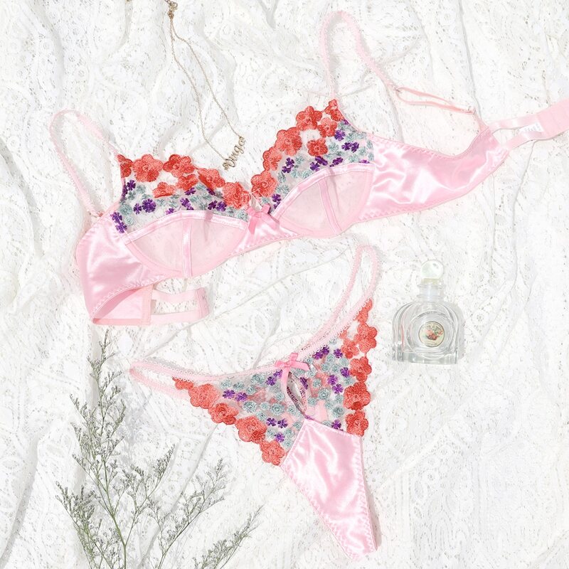 

Embroidered Mesh Underwire Lingerie Set, Pink