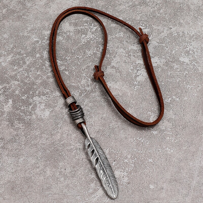 

Guys Feather Charm Necklace, Antique silver