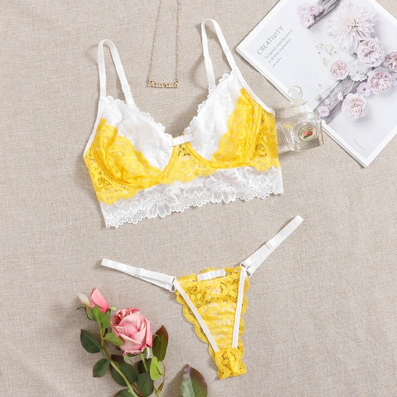 

Two Tone Floral Lace Push Up Lingerie Set, Yellow