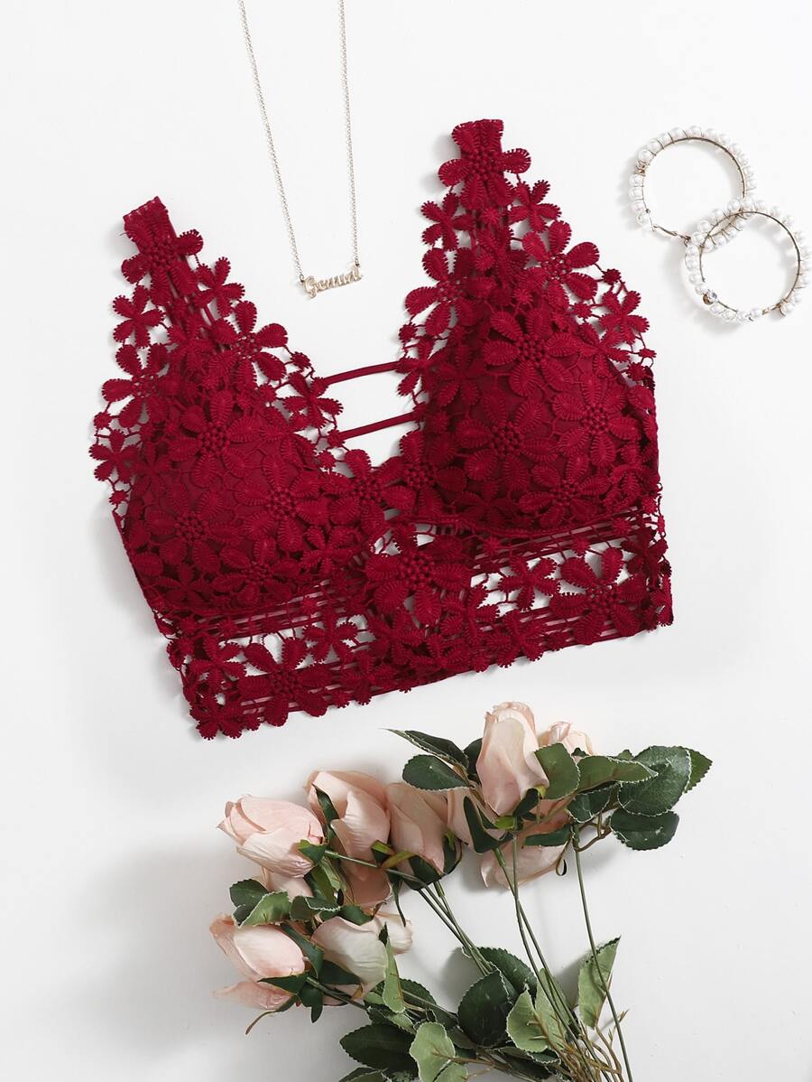 Guipure Lace Longline Bralette Lingerie - Burgundy - View 1