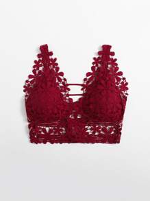 Guipure Lace Longline Bralette Lingerie - Burgundy - View 3