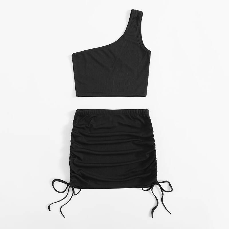 

Solid One Shoulder Top & Drawstring Skirt, Black