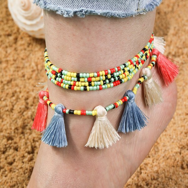 

2pcs Tassel Charm Beaded Anklet, Multicolor