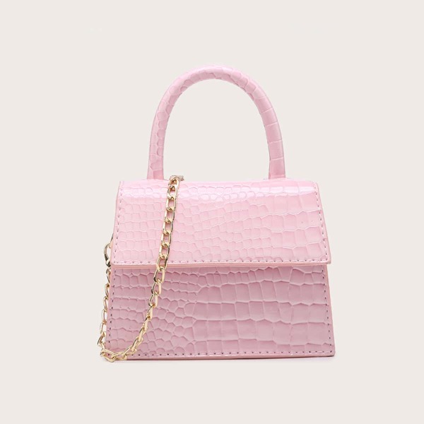 

Mini Croc Embossed Flap Satchel Bag, Pink