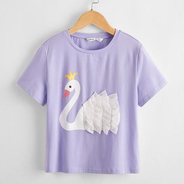 

Girls Ruffle Trim Swan Print Top, Lilac purple