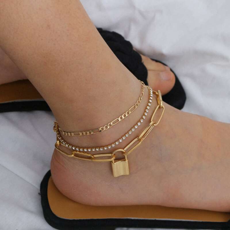 

3pcs Rhinestone Decor Anklet, Gold