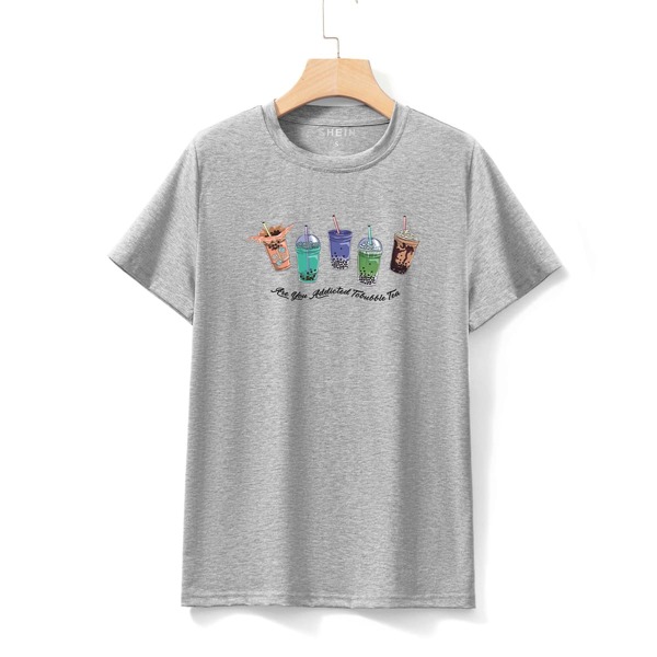 

Bubble Tea Print Round Neck Tee, Grey