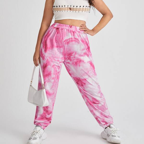 

Plus Tie Dye Print Sweatpants, Pink