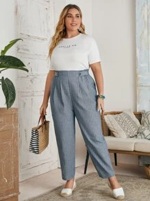 Mulvari Quần Plus Size Nút Sọc Giải trí - Màu xanh bụi bặm - Xem 1