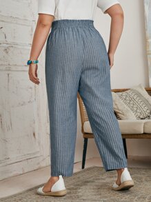 Mulvari Quần Plus Size Nút Sọc Giải trí - Màu xanh bụi bặm - Xem 2