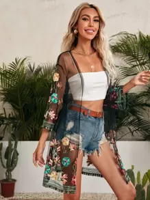 SHEIN Sheer Embroidered Mesh Kimono, For Summer Beach Vacation - Black - View 3