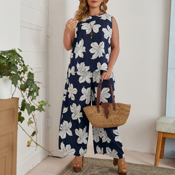 

Plus Floral Print Top & Wide Leg Pants Set, Blue and white