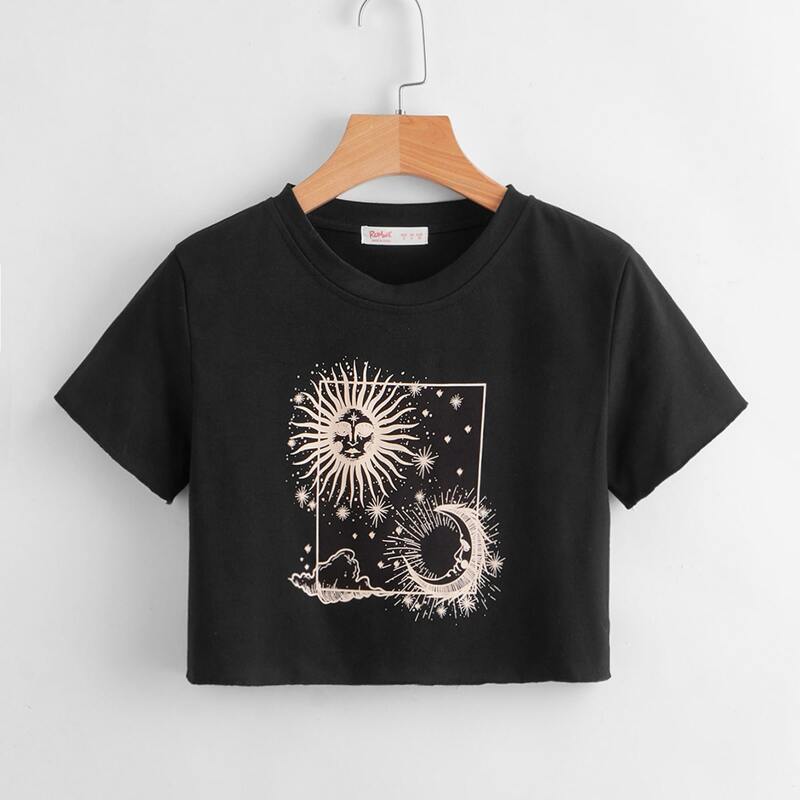 

Sun & Moon Graphic Crop Tee, Black