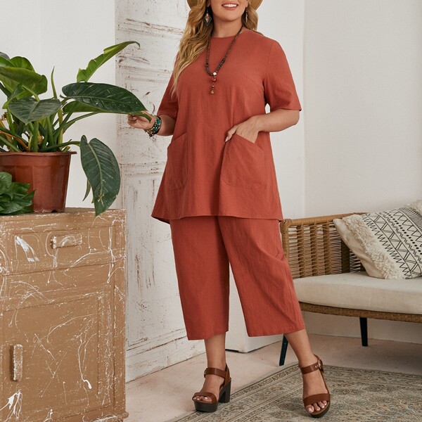 

Plus Solid Pocket Detail Top & Pants Set, Burnt orange