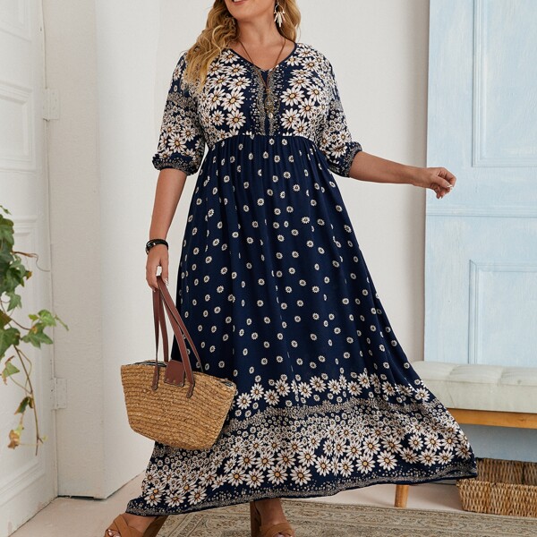

Plus Lantern Sleeve Floral Dress, Multicolor