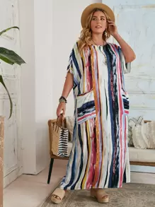 EMERY ROSE Plus Batwing Sleeve Pocket Patched Striped Dress For Summer - Multicolor - View 1