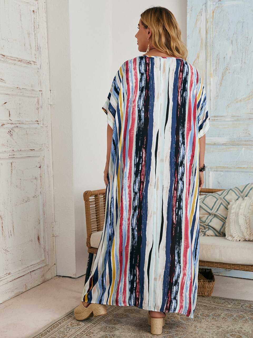 Plus Batwing Sleeve Pocket Patched Striped Dress For Summer