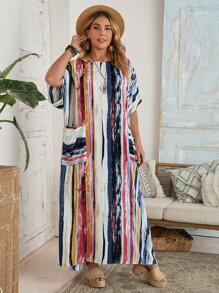 EMERY ROSE Plus Batwing Sleeve Pocket Patched Striped Dress For Summer - Multicolor - View 4