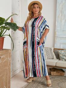 EMERY ROSE Plus Batwing Sleeve Pocket Patched Striped Dress For Summer - Multicolor - View 5