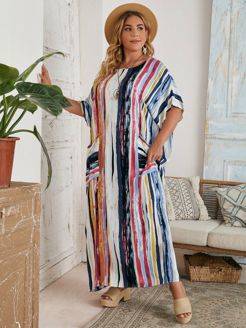 Plus Batwing Sleeve Pocket Patched Striped Dress For Summer