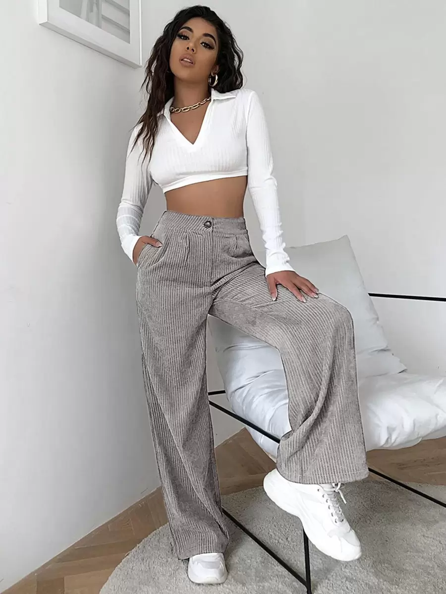 SHEIN EZwear Quần Nút màu trơn Giải trí - Màu Xám nhạt - Xem 1